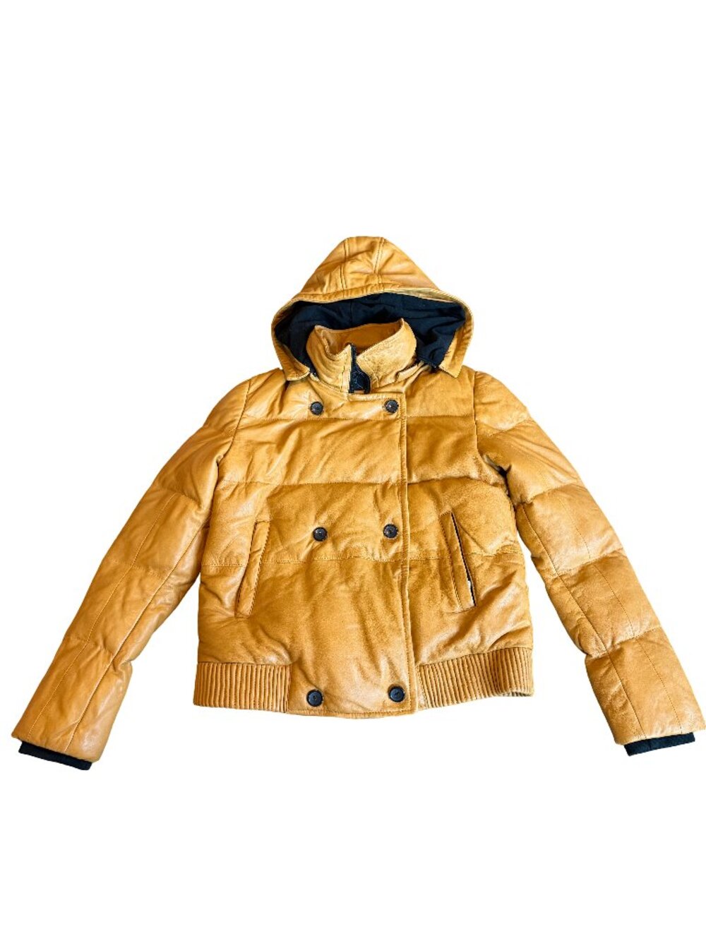 Bod & Christensen Camel Leather Hooded Puffer Bomber Jacket Coat Medium Women's
